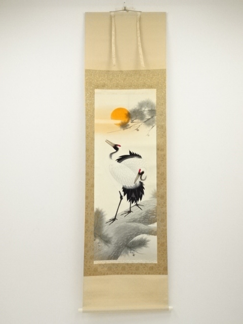 JAPANESE HANGING SCROLL / HAND PAINTED / CRANES WITH RISING SUN